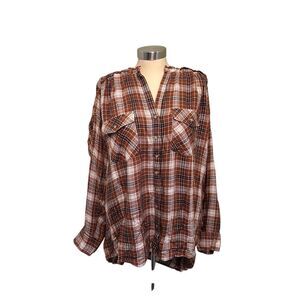 Democracy Flannel Plaid Top Plus Size in Burnt Orange and Cream NWT